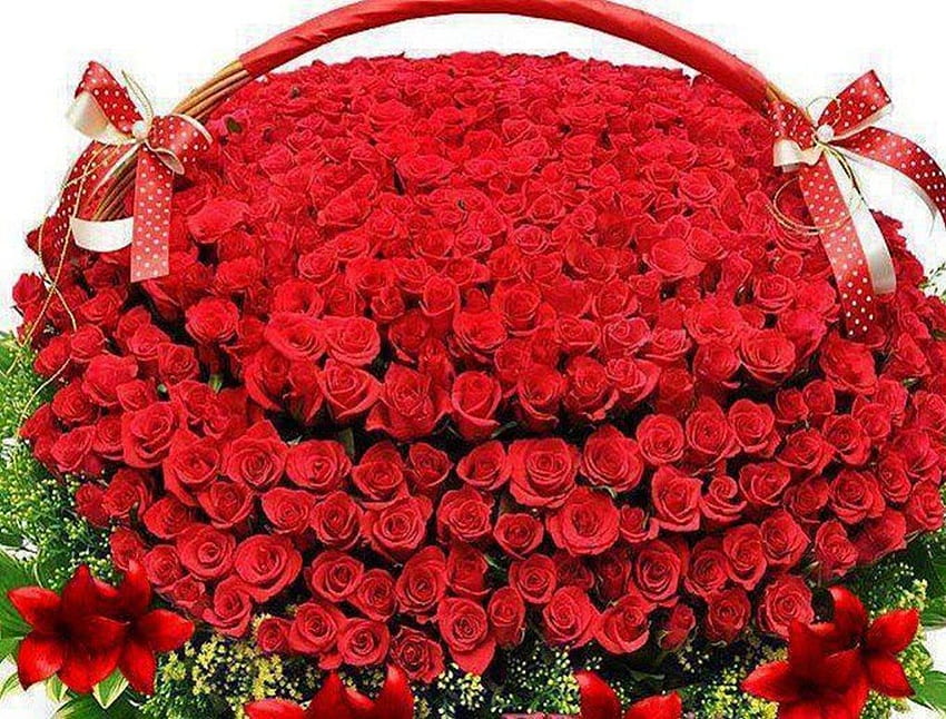 Sekeranjang mawar, kelembutan, karangan bunga, mawar, lembut, cantik, hadiah, kecantikan, keranjang, daun, kelopak, hijau, merah, mawar merah Wallpaper HD