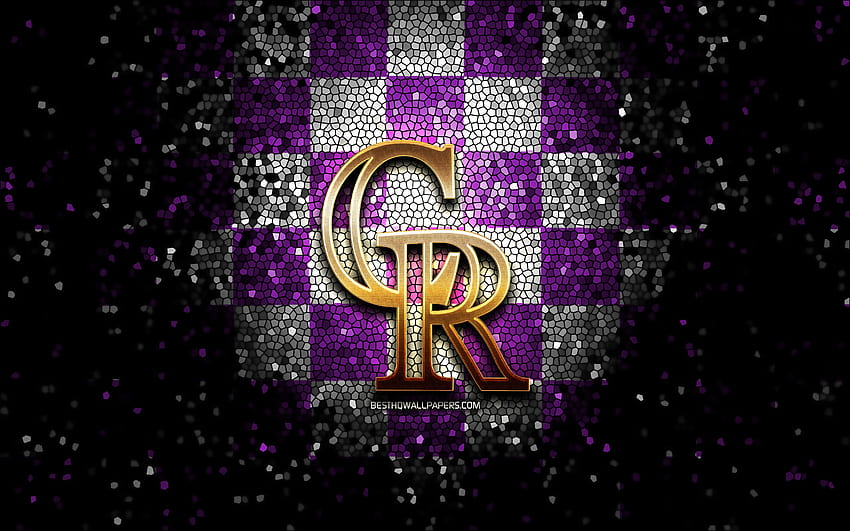 Emblème des Rockies du Colorado, logo scintillant, MLB, fond violet à carreaux blancs, équipe de baseball américaine, Ligue majeure de baseball, art de la mosaïque, baseball, Rockies du Colorado Fond d'écran HD