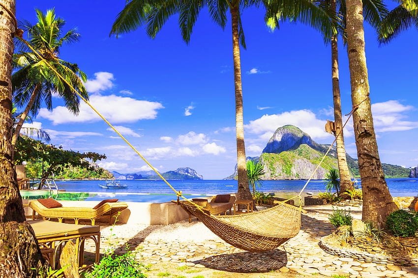Tropical rest, island, tropical, relax, hammock, beach, vacation, sands, ocean, palms, sea, tropics, paradise, beautiful, summer, rest, breeze, sky HD wallpaper
