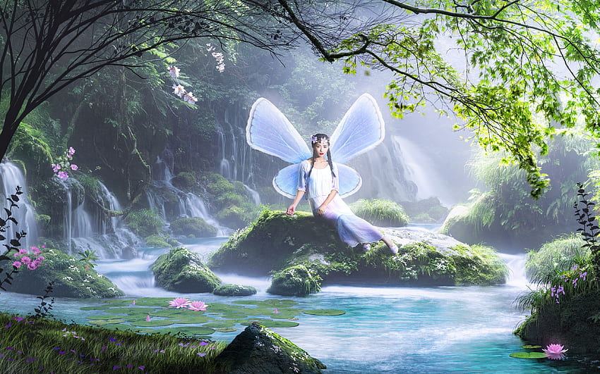 Fairy by Forest Lake fairy waterlilies rocks lake moss HD wallpaper   Pxfuel