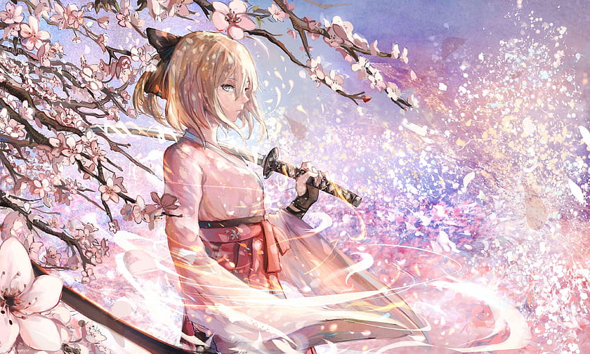anime, Anime Girls, Fate Grand Order, Saber, Cherry Blossom, Sword, Japanese Manga HD wallpaper