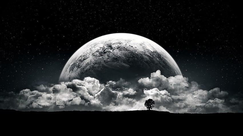 planet, Moon, Clouds, Stars, Night, Black, White / and Mobile Background, Moon Black and White HD wallpaper