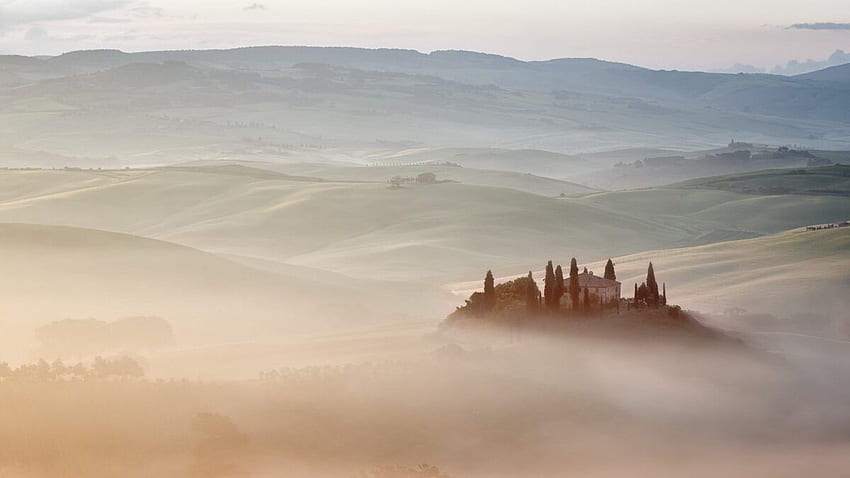 Landscape, Italy, Farm Mist, , Tuscany, Vs, fog, Belvedere, Natural, House, Villa, Rustic, Nature. Full HD wallpaper
