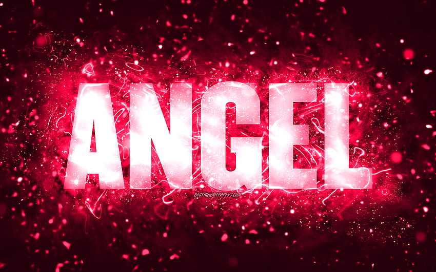 Happy Birtay Angel, , lampu neon merah muda, nama Angel, kreatif, Angel Happy Birtay, Angel Birtay, nama wanita Amerika populer, dengan nama Angel, Angel Wallpaper HD