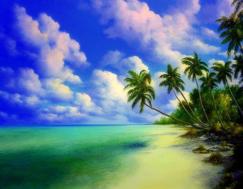 Beaches: Paradise Clouds Seasons Panoramic Summer Paintings Beaches, Hi Res Tropical HD wallpaper