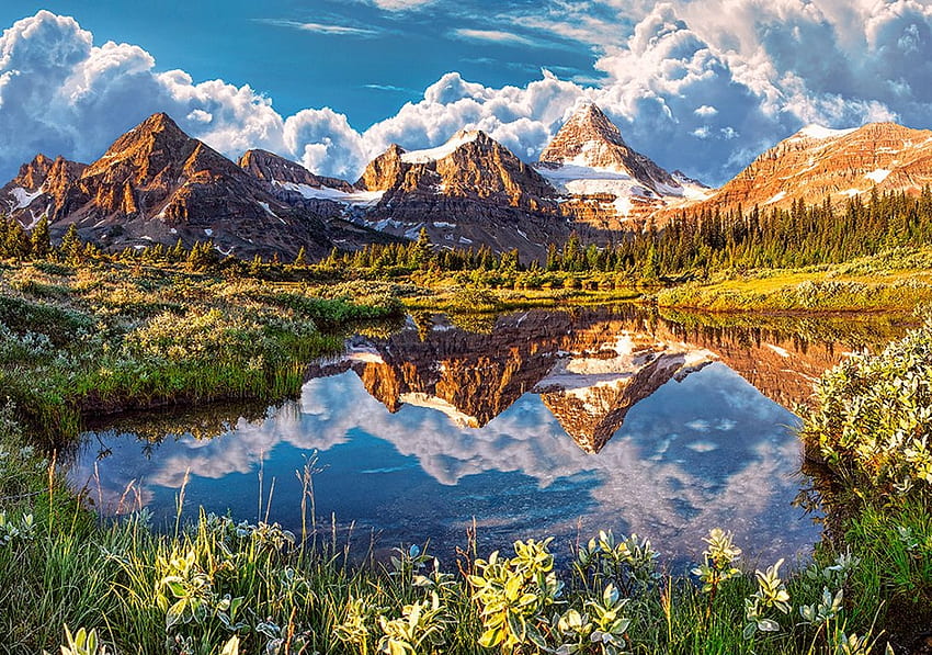 Огледало на Скалистите планини, върхове, облаци, небе, цветя, пролет, САЩ HD тапет