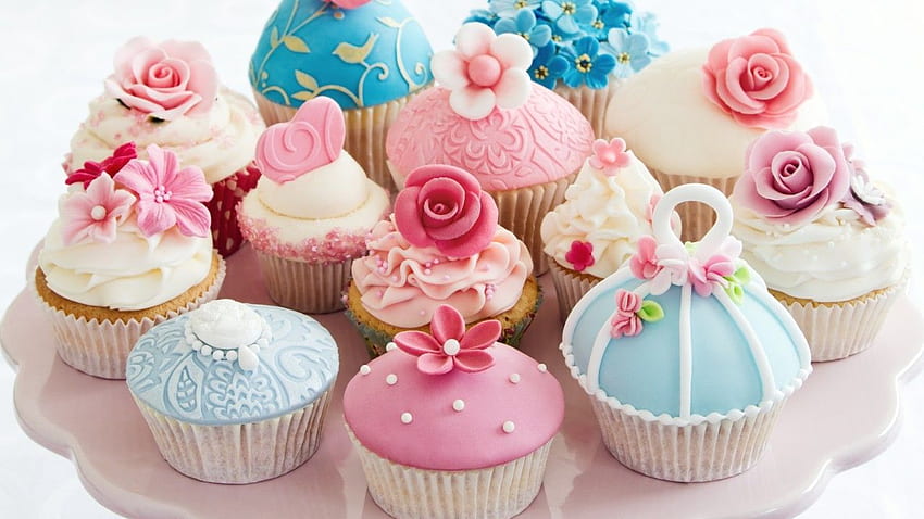 muffins, cream, powdered sugar, flowers, roses, desserts, pastries, Food, 1280X720 Sugar HD wallpaper