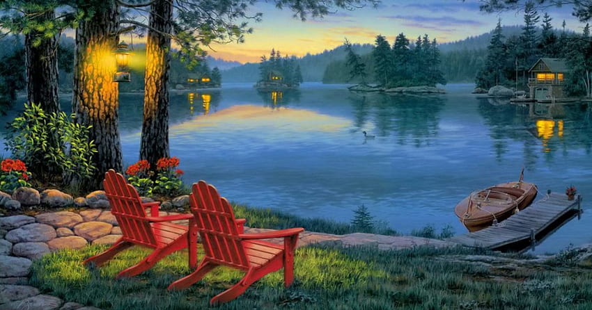 Twilight calm, boat, silent, pier, relax, serenity, nice, quiet, chairs, twilight, reflection, water, dock, pond, art, house, beautiful, lake, cabin, rest, pretty, nature, sky, cottage, lovely, calmness HD wallpaper