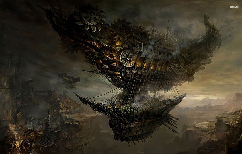 the city, rocks, steampunk, Airbus, dirijabli, flying ship for , section фантастика, Flying City HD wallpaper