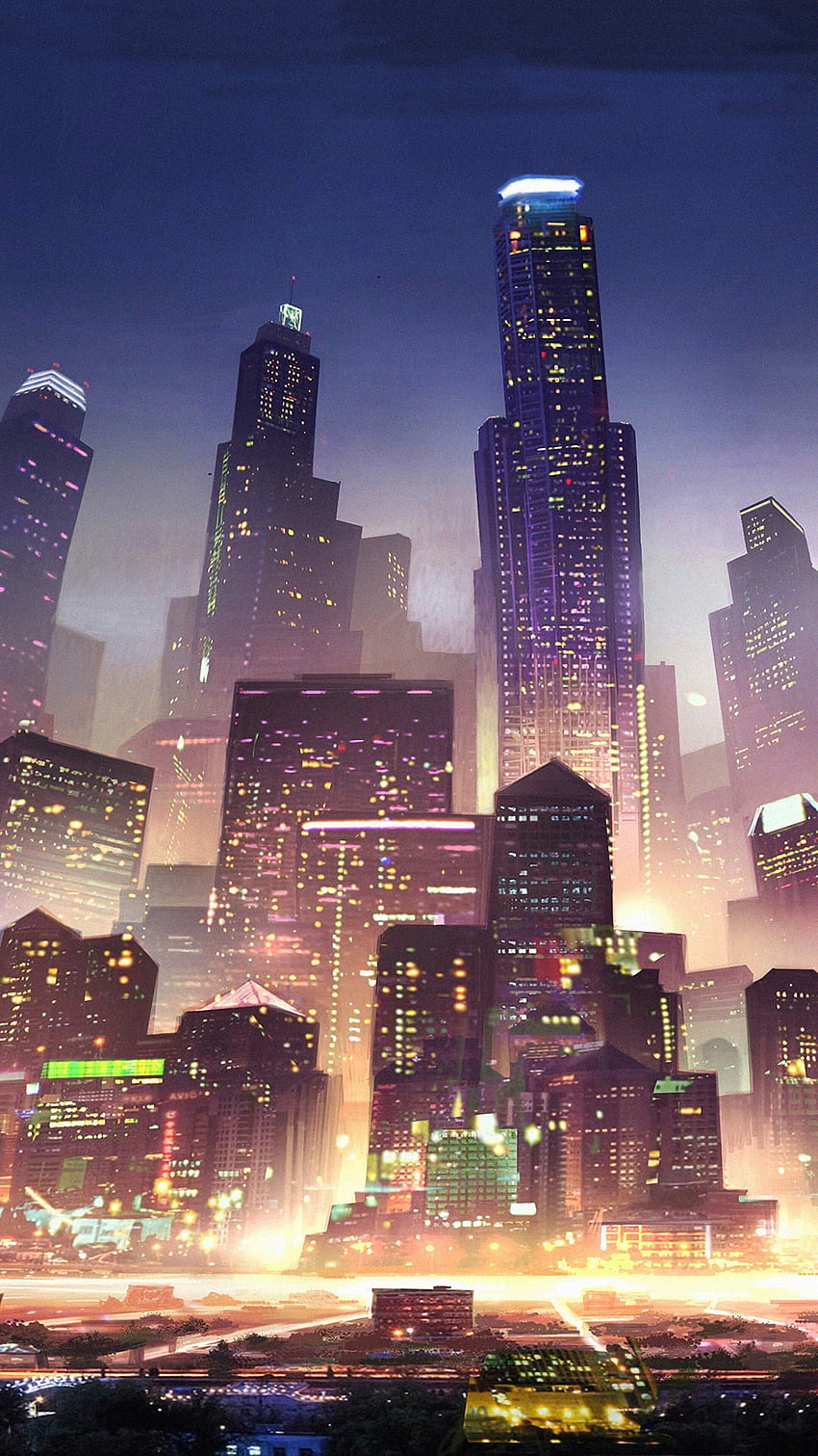 Ciencia ficción, Ciudad, Noche, Rascacielos, Edificios, Metrópolis, Teléfono, , Y. Mocah fondo de pantalla del teléfono