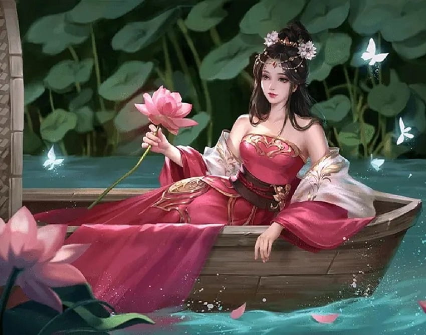 Lotus Beauty, exotic, girl, lotus, woman, boat, art, , beautiful, digital, pink, lamamake, fantasy HD wallpaper