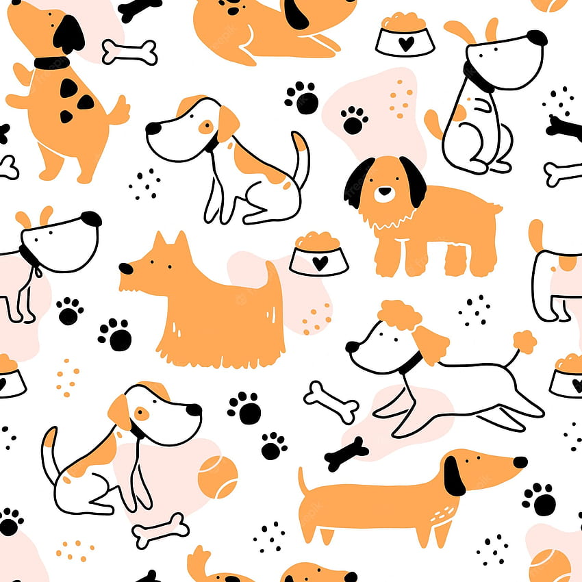 プレミアムベクター。 かわいい犬の子犬のシームレスなパターン。 単純な形状スタイルの漫画の面白くて幸せな犬のキャラクター。 背景、テキスタイル、ファブリックのイラスト HD電話の壁紙