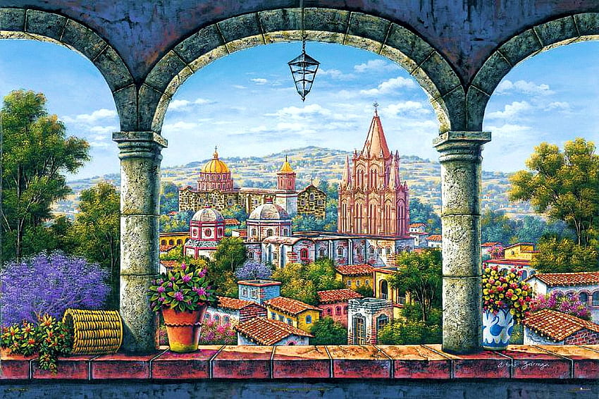 Vista desde el balcón, obras de arte, edificios, pintura, ciudad, lámpara, cielo, arcadas, México fondo de pantalla