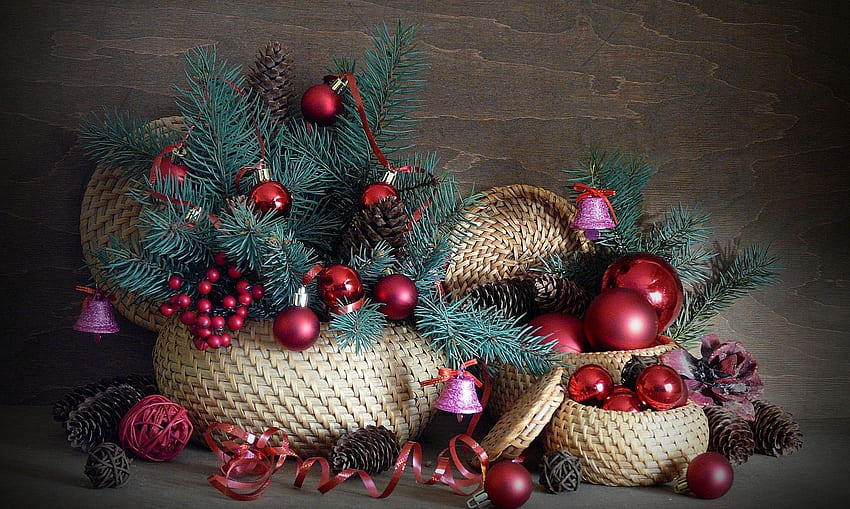 Holidays, Cones, Bluebells, Branch, Needles, Tape, Christmas Decorations, Christmas Tree Toys, Basket, Balls, Baskets HD wallpaper