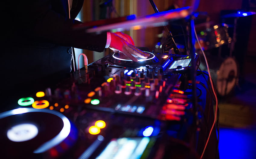 DJ, disco, DJ console, musicians, neon HD wallpaper