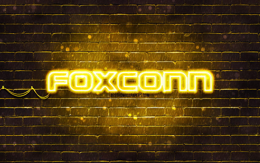 Foxconn yellow logo, , yellow brickwall, Foxconn logo, brands, Foxconn neon logo, Foxconn HD wallpaper