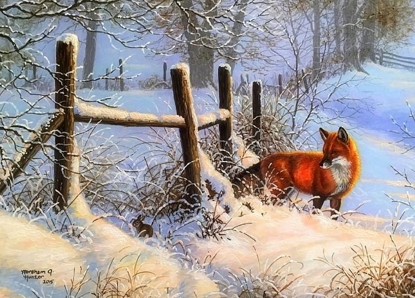 Fox Hunters, ฤดูหนาว, วันหยุด, สถานที่ท่องเที่ยวในฝัน, วาด, สุนัขจิ้งจอก, รักสี่ฤดู, หิมะ, ธรรมชาติ, คริสต์มาสและปีใหม่, กระต่าย วอลล์เปเปอร์ HD