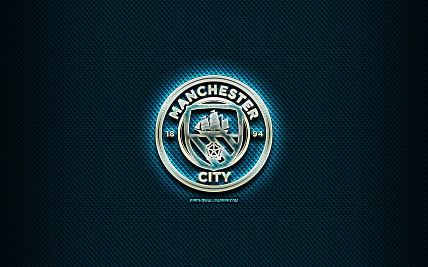 Manchester City FC, szklane logo, niebieskie rombowe tło, Premier League, piłka nożna, angielski klub piłkarski, logo Manchester City, kreatywne, Manchester City, piłka nożna, Anglia z rozdzielczością. Wysoka jakość Tapeta HD