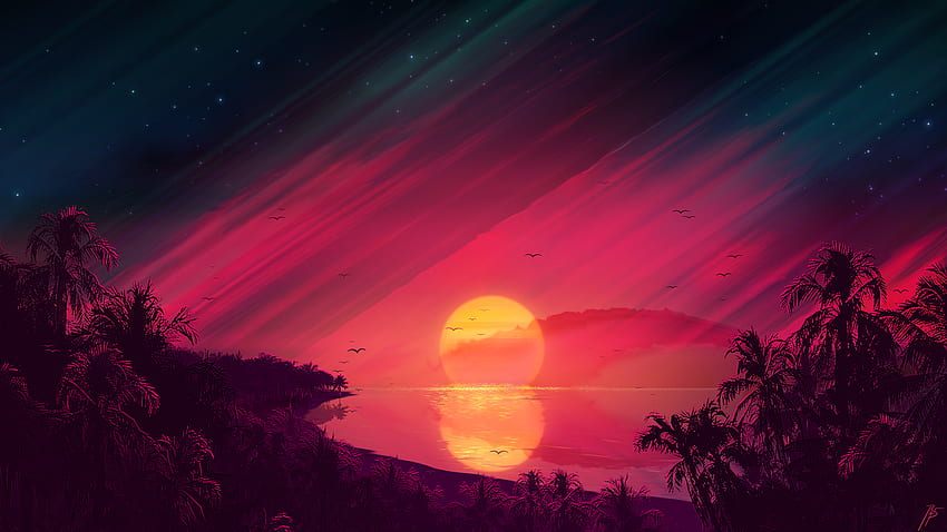 Zachód słońca, jezioro, kraj, sztuka cyfrowa Tapeta HD