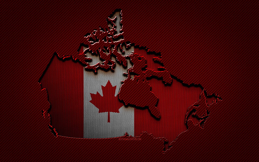 カナダの地図、北アメリカの国、カナダの国旗、赤い炭素の背景、カナダの地図のシルエット、カナダの国旗、北アメリカ、カナダの地図、カナダ、カナダの国旗 高画質の壁紙