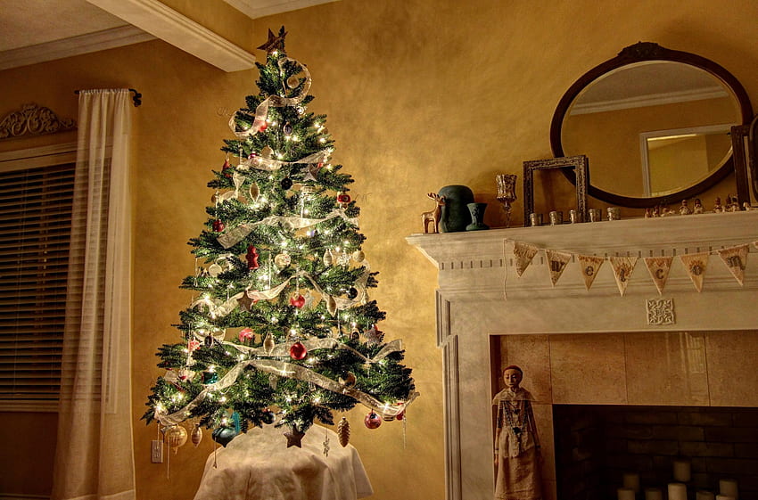 Feiertage, Dekorationen, Kerzen, Zimmer, Weihnachtsbaum, Spiegel, Kamin HD-Hintergrundbild