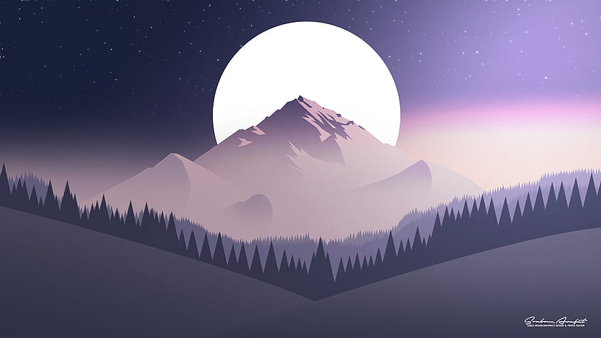Vector, Mountains, Night, Moon, Forest, Starry Sky, Flat HD wallpaper