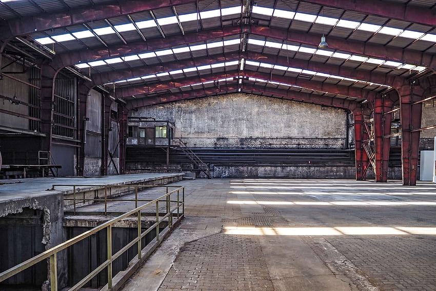 abandoned, architecture, building, ceiling, construction, empty, factory, hall, light, red, steel, sunlight, support, warehouse HD wallpaper