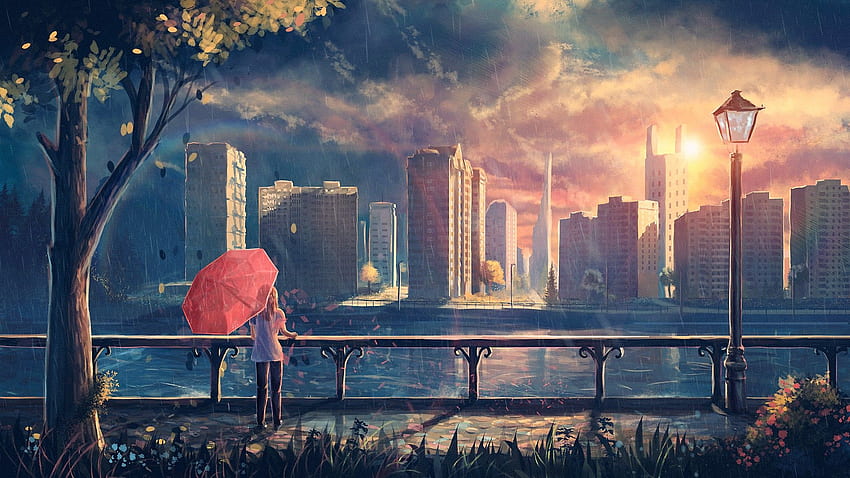 grafika, sztuka fantasy, anime, deszcz, miasto, park, parasol / i mobilne tło, deszczowe anime Tapeta HD