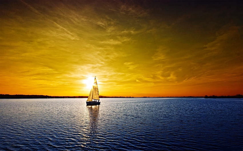 Barca a vela, natura, tramonto, mare, pesce vela, solitario, solo Sfondo HD
