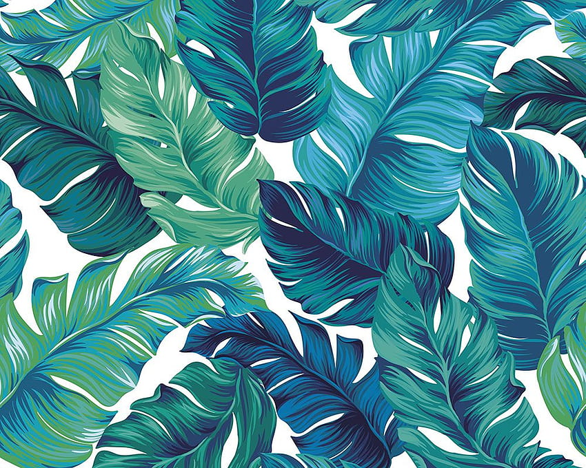 청록색 & 녹색 열대 잎 벽 벽화 벽화, 푸른 열대 HD 월페이퍼