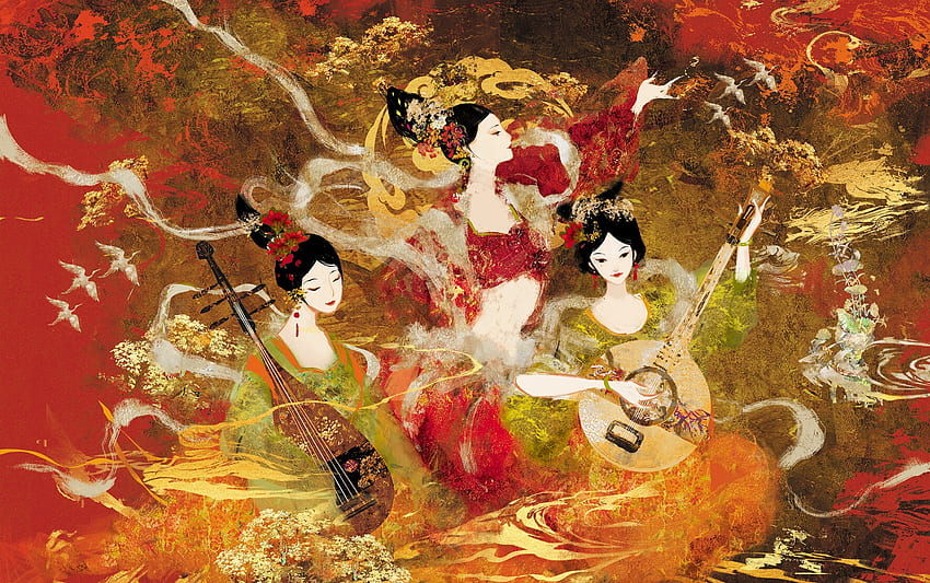Canzone d'autunno, ragazza, arancia, dea, uccello, arte, asiatico, gru, niayu donhoang, strumento, fantasia, rosso, verde Sfondo HD