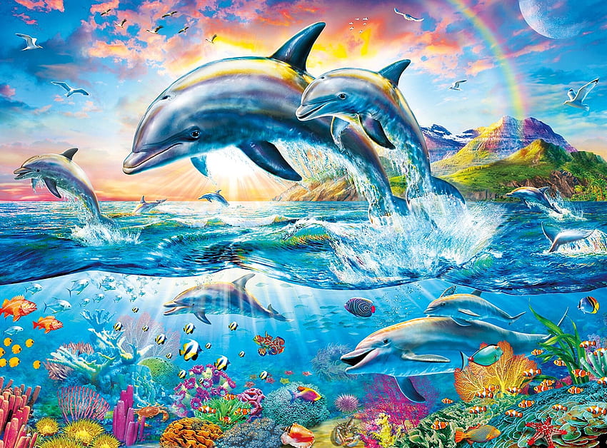 Dolphins, blue, sea, art, adrian chesterman, dolphin, summer, painting, fantasy, pictura, fish, luminos, water HD wallpaper