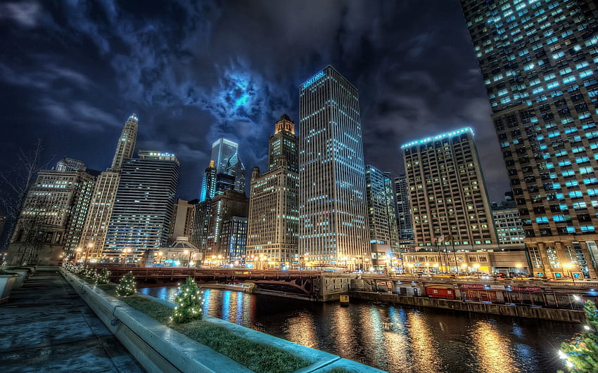 Chicago, Cities, Water, Night, Usa, City, Lights, Reflection, United States, America, Channel, States HD wallpaper