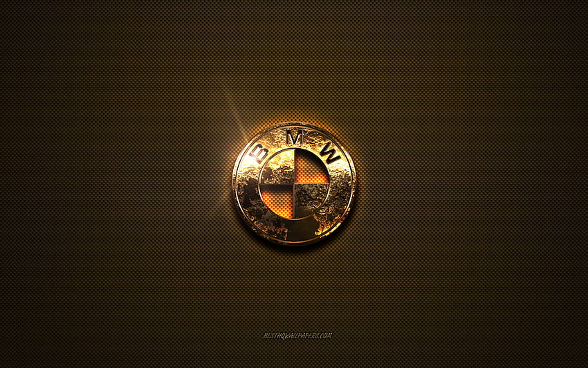 Złote logo BMW, grafika, brązowe metalowe tło, emblemat BMW, kreatywne, logo BMW, marki, BMW Tapeta HD
