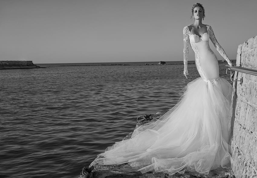 Bride, boat, sea, white, black, model, galia lahav, bw, girl, dress, woman, summer, water, vara HD wallpaper