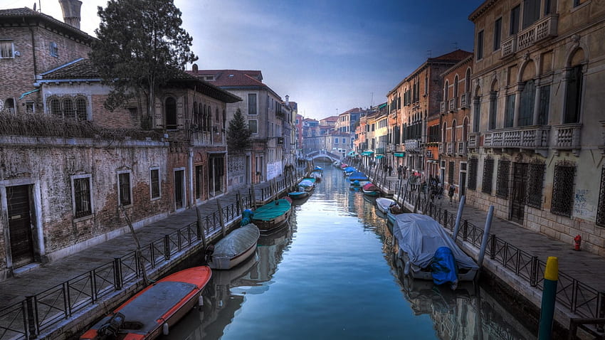 прекрасен венециански канал сутрин, канал, лодка, сутрин, град, мост HD тапет