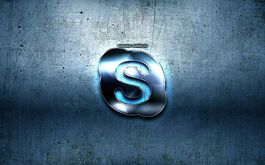 Skype metal logo, blue metal background HD wallpaper