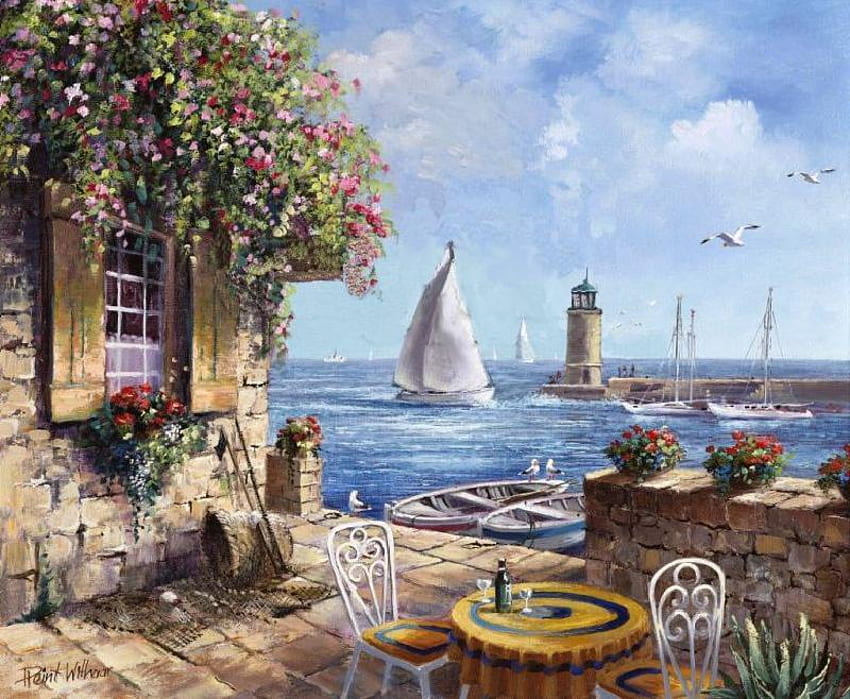 Sailing, table, birds, window, pier, light house, sailboats, chairs, brick wall, inn, vines, shutters, flowers, blue skies, water, pots HD wallpaper