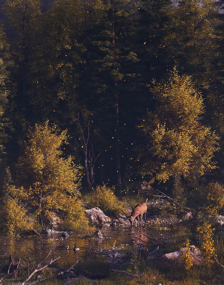 Landschaft, Natur, Flüsse, Kunst, Wald, Wildtiere, Hirsche HD-Handy-Hintergrundbild