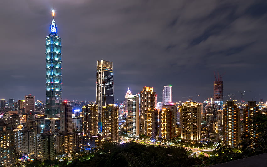 都市, 建築, 建物, ライト, 上からの眺め, 夜の街, 台湾, 台北 高画質の壁紙