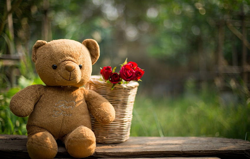 love, flowers, gift, toy, heart, roses, bear, red, love, Flower Teddy Bear HD wallpaper