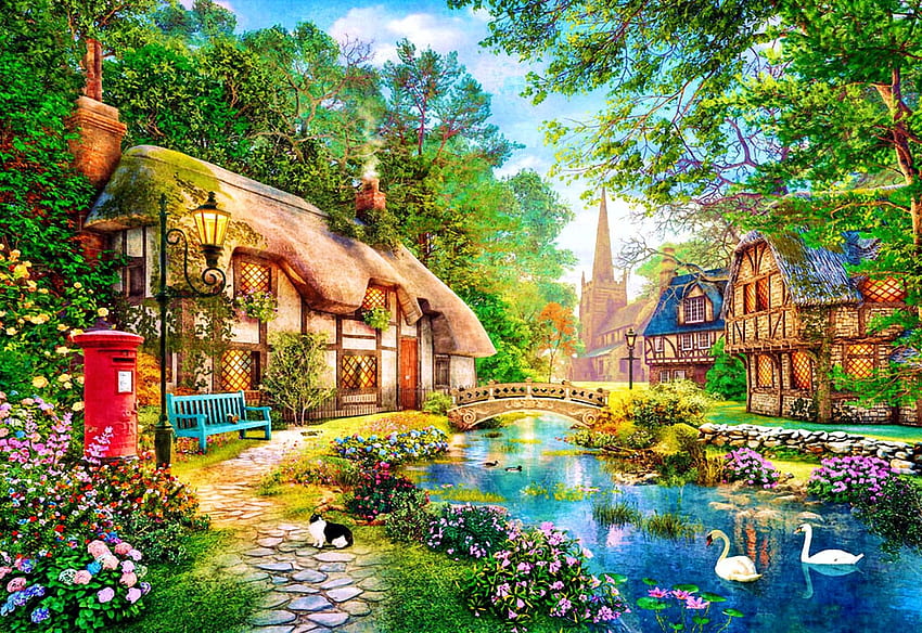 Cottage Way Lane, karya seni, bebek, angsa, digital, pohon, bunga, rumah, kolam Wallpaper HD