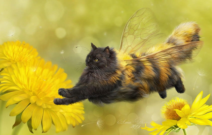 Cat, Flowers, Background, Art, Dandelions, Wings, Fluffy, Cat Bee For , Section настроения วอลล์เปเปอร์ HD