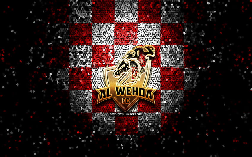 Al-Wea FC, glitter logo, Saudi Professional League, red white checkered background, soccer, saudi football club, Al-Wea FC logo, mosaic art, football, Al Wea FC HD wallpaper