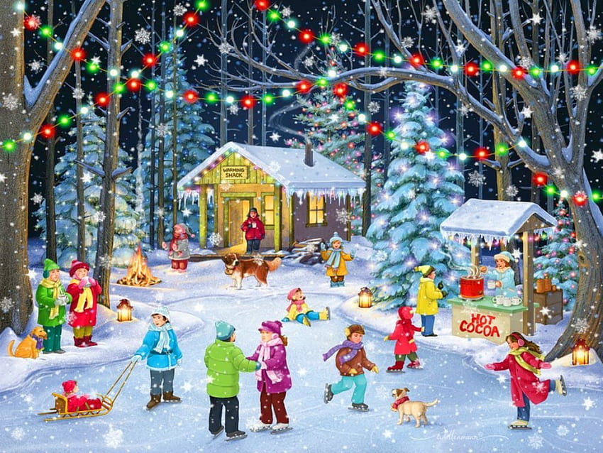 Woodland skaters, musim dingin, kesenangan, liburan, lukisan, salju, daerah berhutan, sihir, anak-anak, seni, rumah, anak-anak, indah, pohon, hari Natal, lampu, kegembiraan, hutan, Es, Skate Wallpaper HD