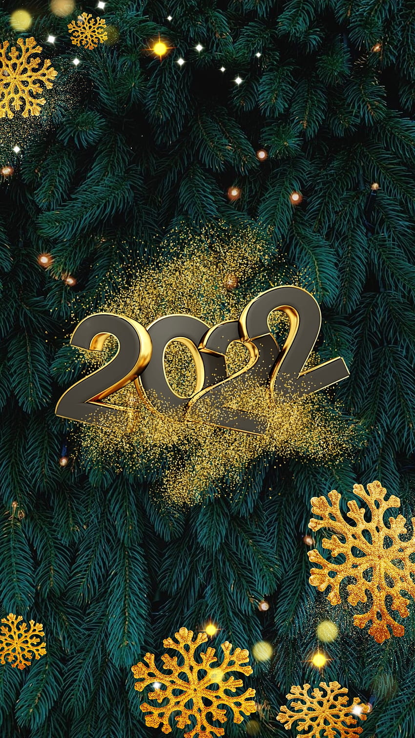 Feliz año nuevo 2022, pino, verde, dorado, copos de nieve, luces, año nuevo fondo de pantalla del teléfono