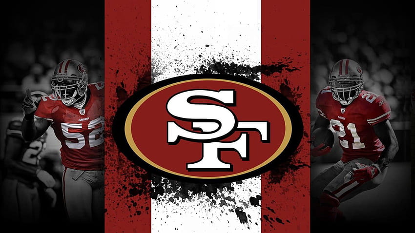 Лого на Сан Франциско 49ERS с фон на червено и бяло и играчи отстрани на 49ERS HD тапет