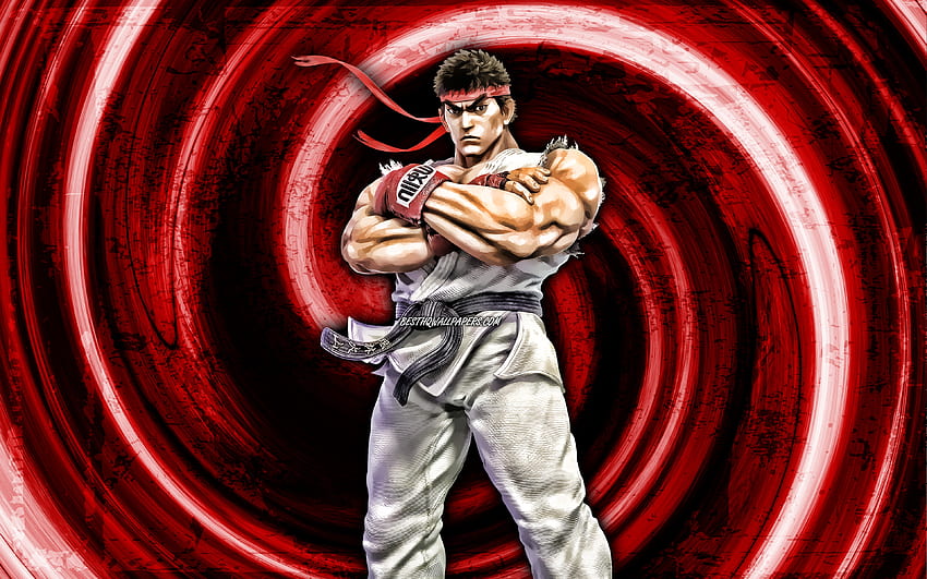 Ryu, red grunge background, warriors, Street Fighter, protagonist, vortex, Abundant, Ryu Street Fighter HD wallpaper