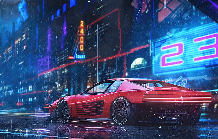 Red, Auto, Neon, Machine, Rain, Style, Car, Car, Art, Style, Neon