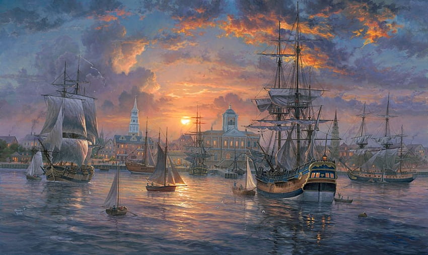 Charleston Harbor, sea, ship, abraham hunter, art, painting, pictura, water, sunset HD wallpaper
